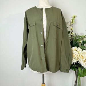 Muji Xinjiang Cotton Oxford Collarless Shirt Jacket | Olive Green | S–M